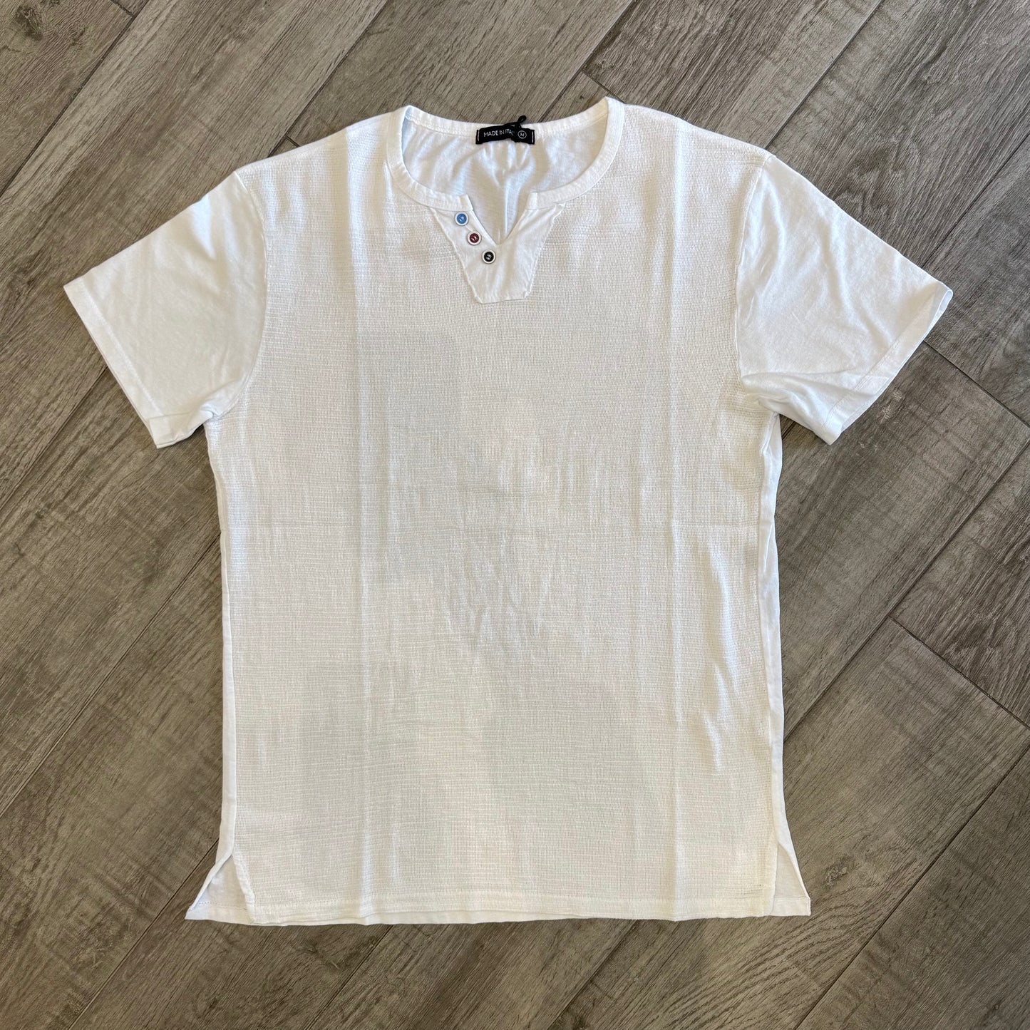 T-Shirt Garza di Cotone Scollo V e Bottoncini