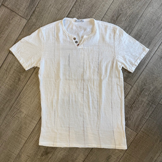 T-Shirt Misto Lino a Righe con Scollo V e Bottoncini